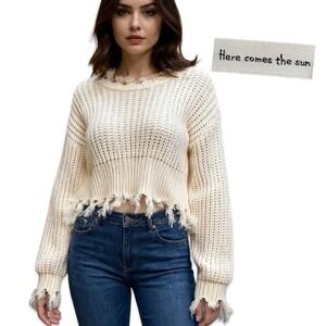 Here Comes The Sun Cream Knit Oversize Frayed Cropped Sweater Women's M/L Grunge